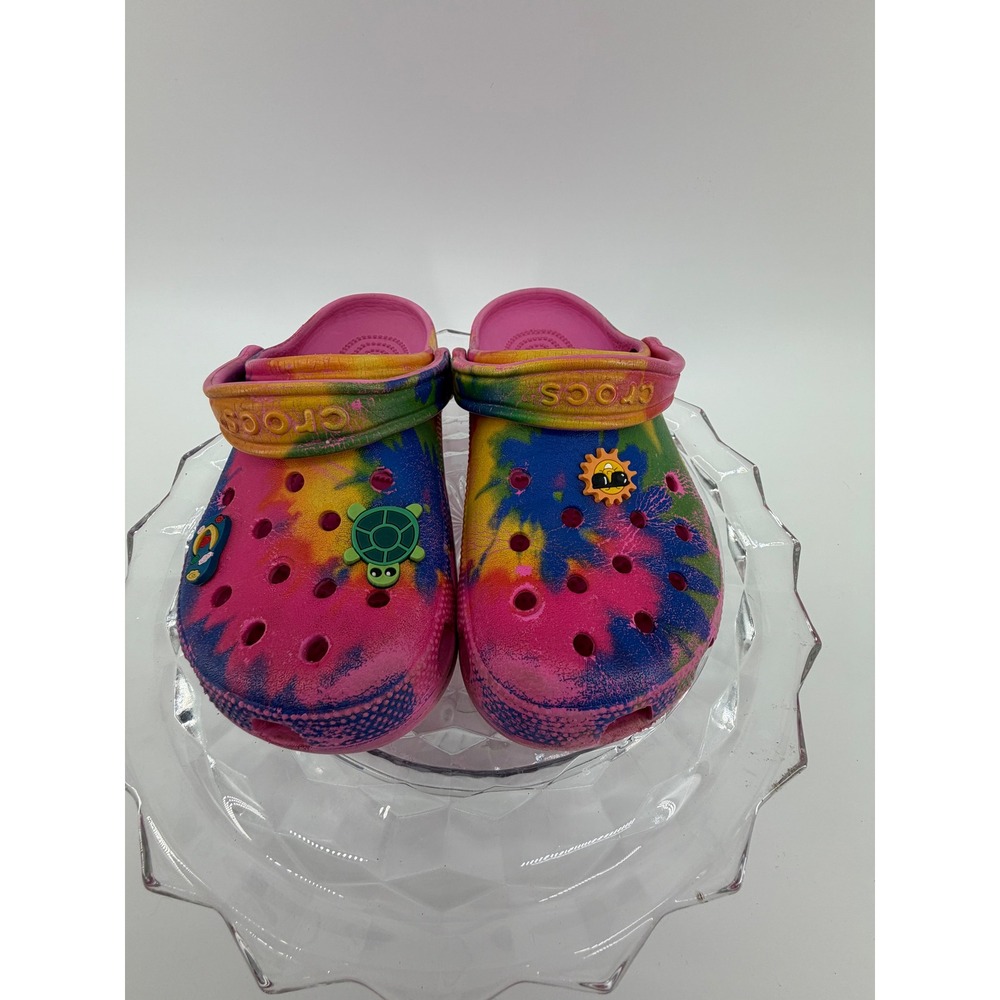Crocs Tie Dye Pink Yellow Blue Green Turtle Sun Jibbitz Clogs Toddler Size 4 6 - Picture 3 of 10